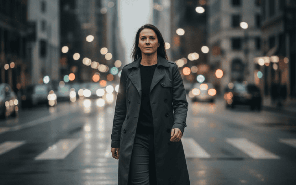 A woman in a black trench coat walking sophisticatedly down a busy street.