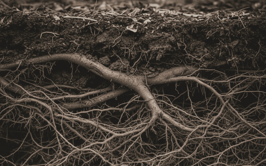 Close-up of tree roots underground showing intricate network of roots and soil.