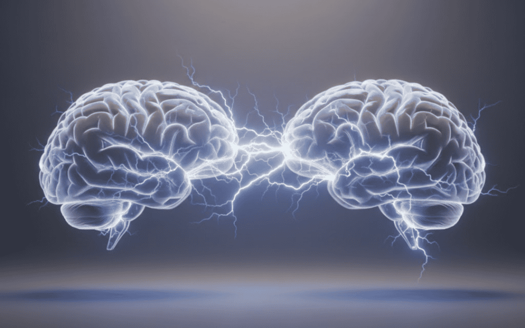 Two brains facing each other while passing each other electricity.