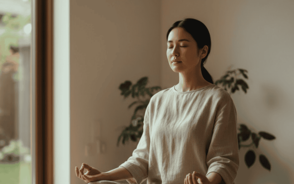 A woman wearing a beige shirt, meditating in a room.