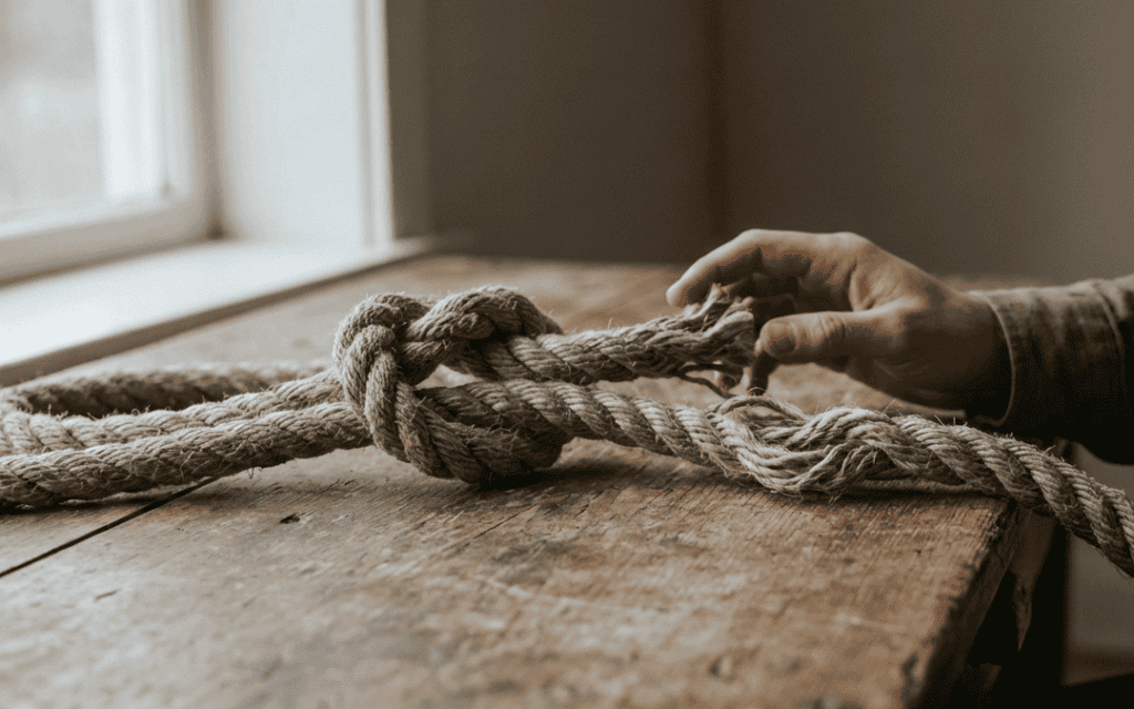a mans arm reaching for a knotted rope