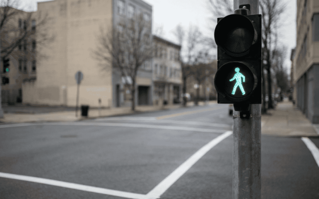 crosswalk-with-green-walk-light A green walk symbol at a empty city intersection crosswalk