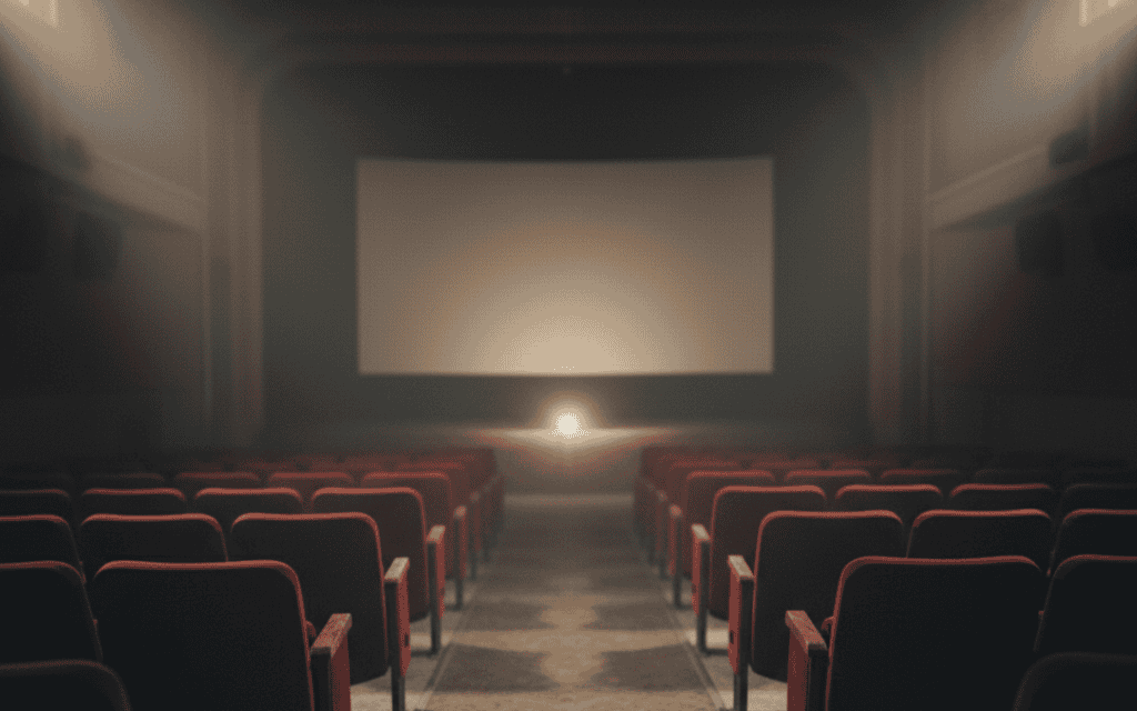 A dimly lit older movie theater with red chairs and a light at the end of the hall toward the screen.