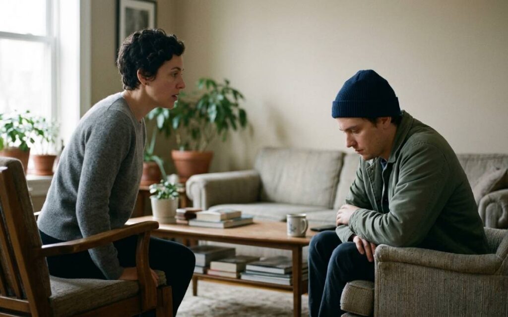 Two people sitting in a living room, one leaning forward while the other looks down with withdrawn body language