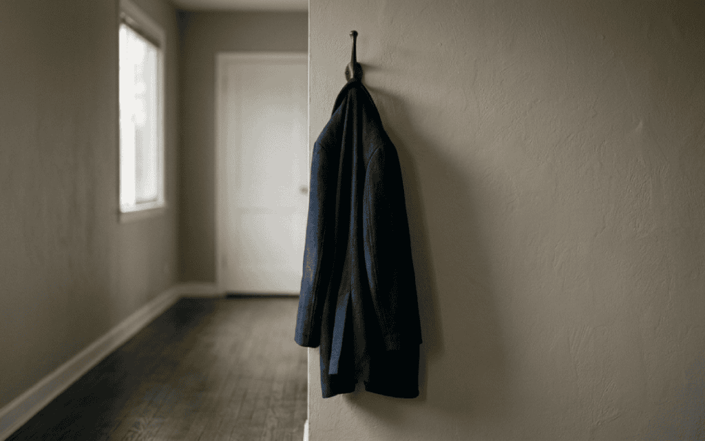 A single blue coat hanging on a hook on the wall