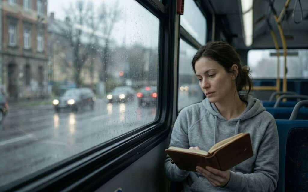 Woman sitting on a bus looking out a rain-covered window while holding a notebook, appearing quietly withdrawn