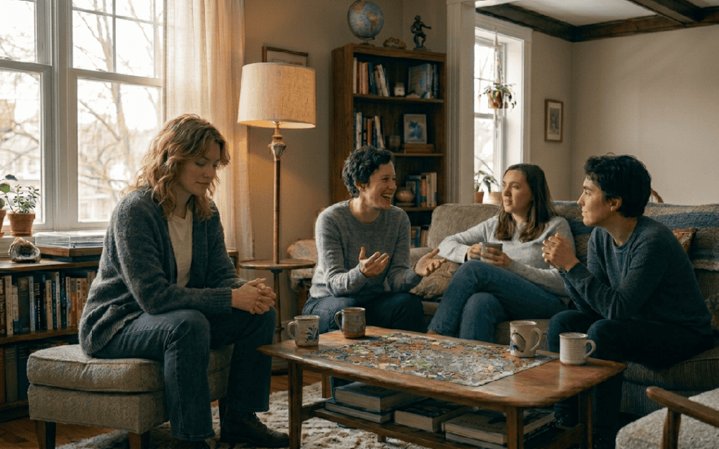Person sitting with others in a conversation, slightly withdrawn with reserved body language while others appear engaged