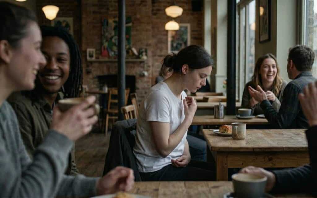 Person sitting in a small social setting with withdrawn body language while others nearby appear relaxed and engaged