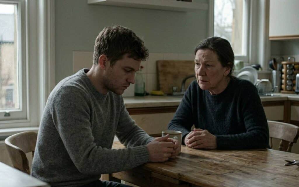 Person looking down with withdrawn body language during a tense conversation