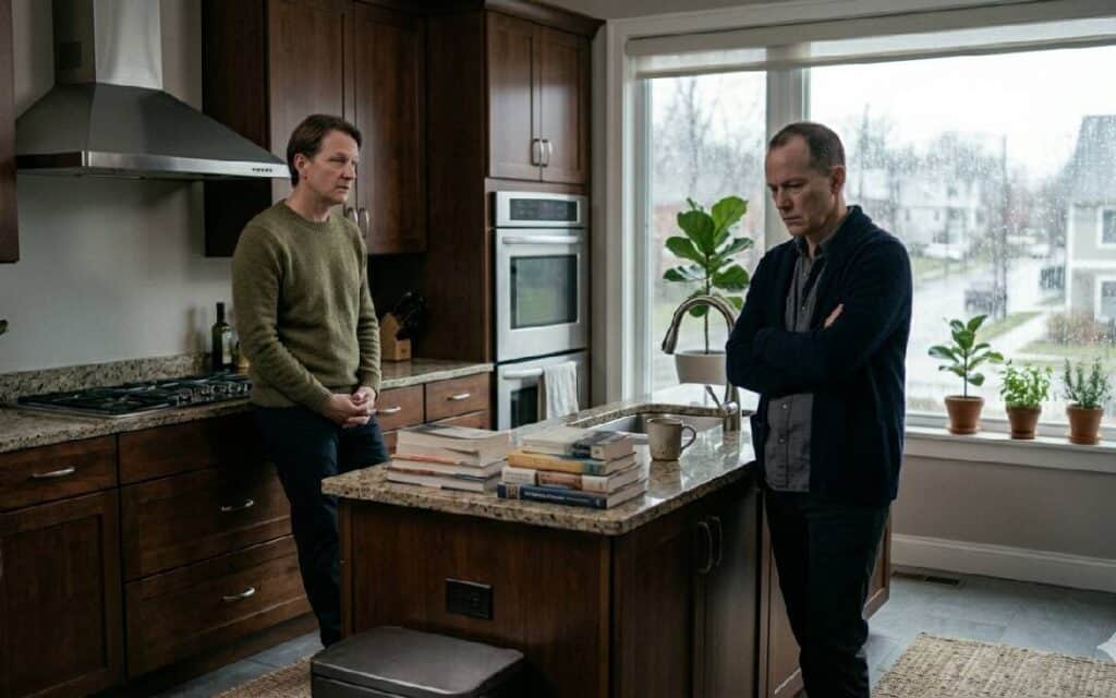 feelings-turn-into-argument Two men standing in a kitchen during a tense conversation, one with crossed arms while the other stands quietly nearby