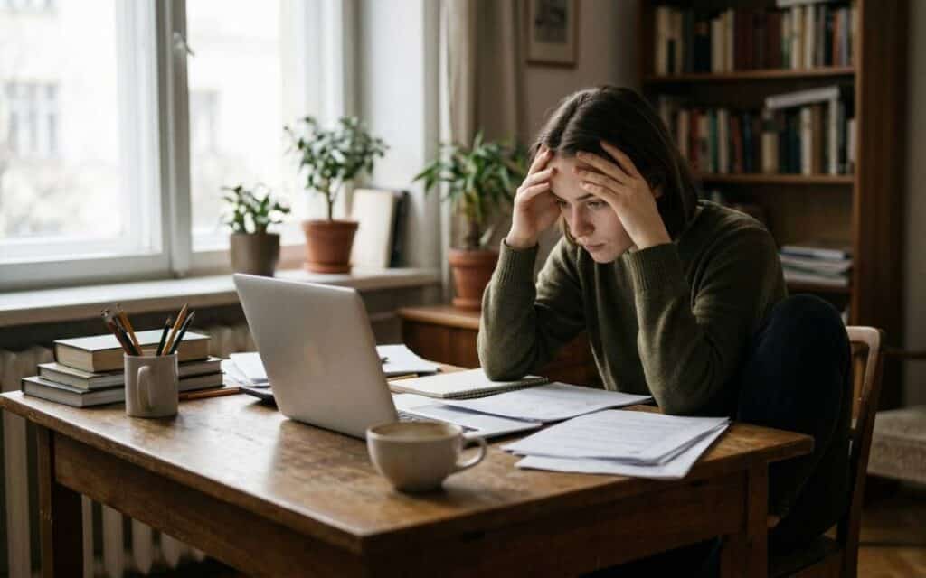 Woman sitting at a desk with papers and a laptop, holding her head while focused on work