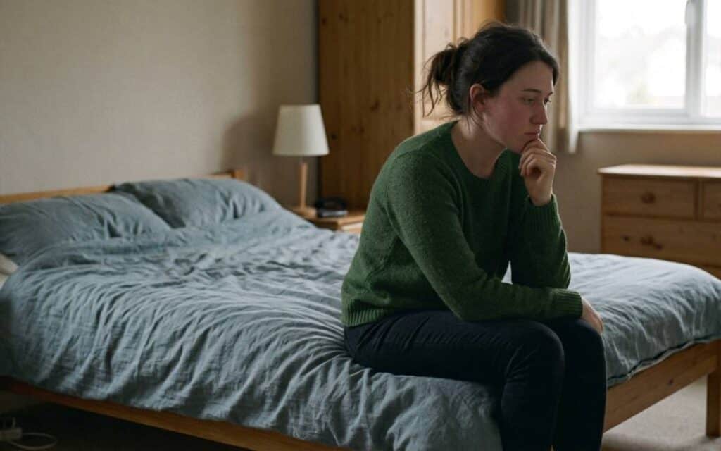 mood-change-for-no-reason Woman sitting on the edge of a bed with a distant expression in a quiet bedroom