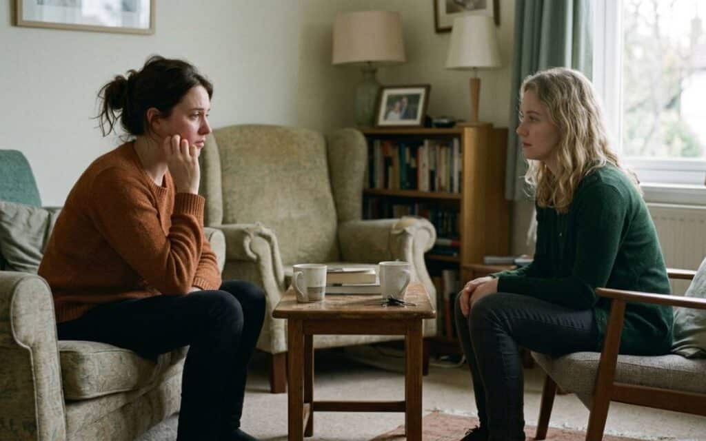 why-everything-i-say-comes-across-wrong Two women sitting in a living room during a serious conversation, with one appearing tense and the other listening