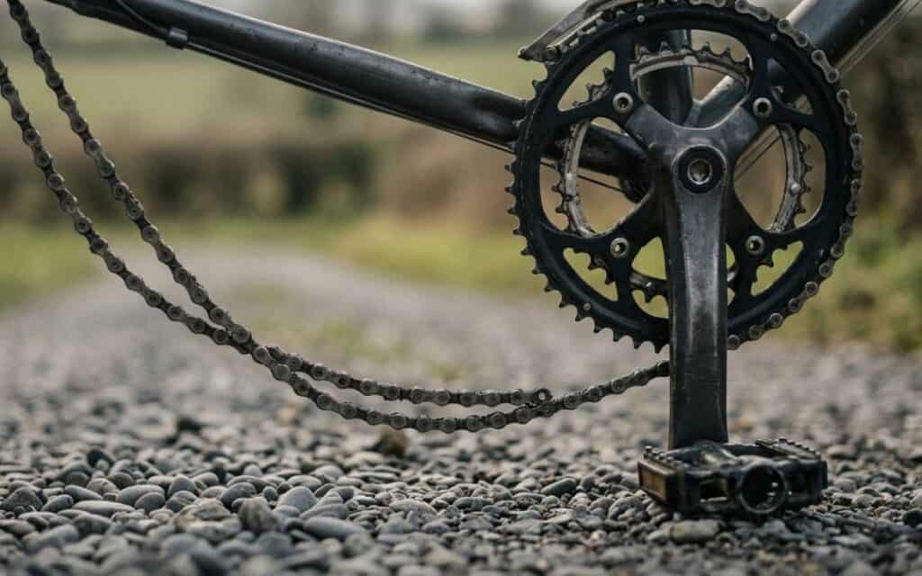why-you-dont-do-what-you-should Close-up of a bicycle chain hanging loose from the gears on a gravel path