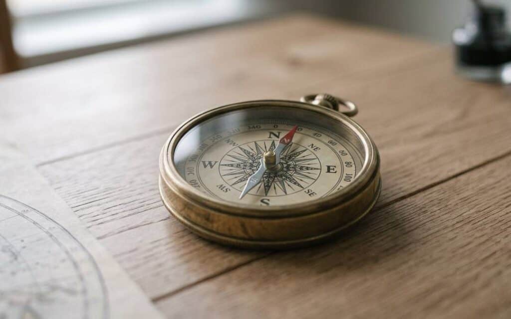 how-to-trust-your-own-judgment-compass Compass resting on a wooden table beside a map in soft natural light